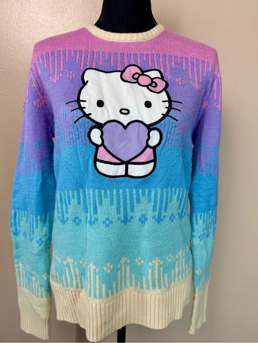 BoxLunch Sanrio Hello Kitty Pastel Rainbow Heart Knit Holiday Sweater Small
